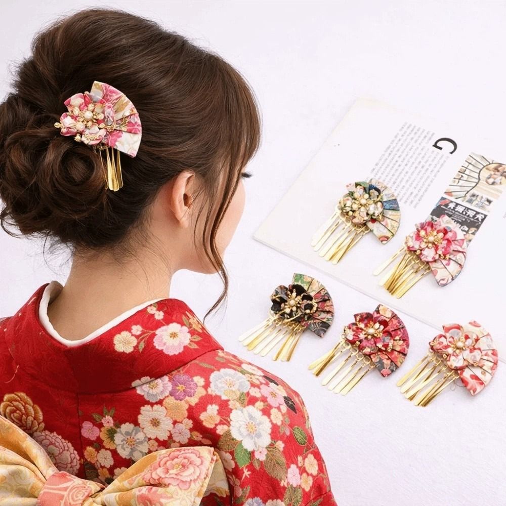 Ethnic Gown - 女性ヘアピンフェイクパールフラワーファン装飾日本の伝統的なドレス着物ローブヘアクリップ子供女の子コスプレヘアアクセサリー