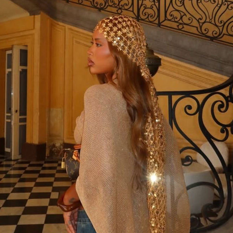Ethnic Fashion Collection - ボヘミアン風スパンコールメッシュヘッドスカーフ ゴールドブラックタッセルヘッドラップ レディース フェスティバル ビーチ ウェディング