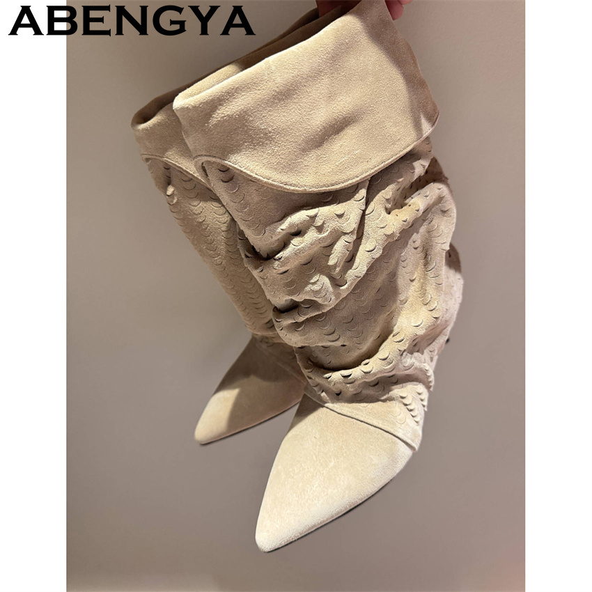 Ethnic Fashion In - レディースミッドカーフショートブーツ 2026冬新作 ポインテッドトゥ ウェスタンファッション スタックブーツ キトゥンヒール