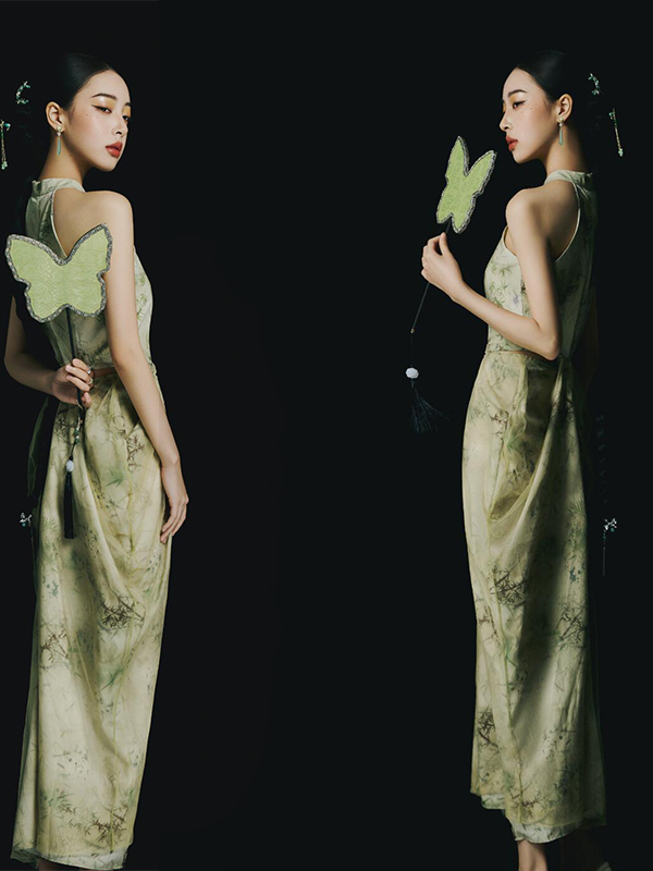 Ethnic Fashion Studio - 新しいグリーン中国風バックレスドレス女性のファッショナブルな植物シリーズスタジオ写真撮影衣装民族セレモニーガウン