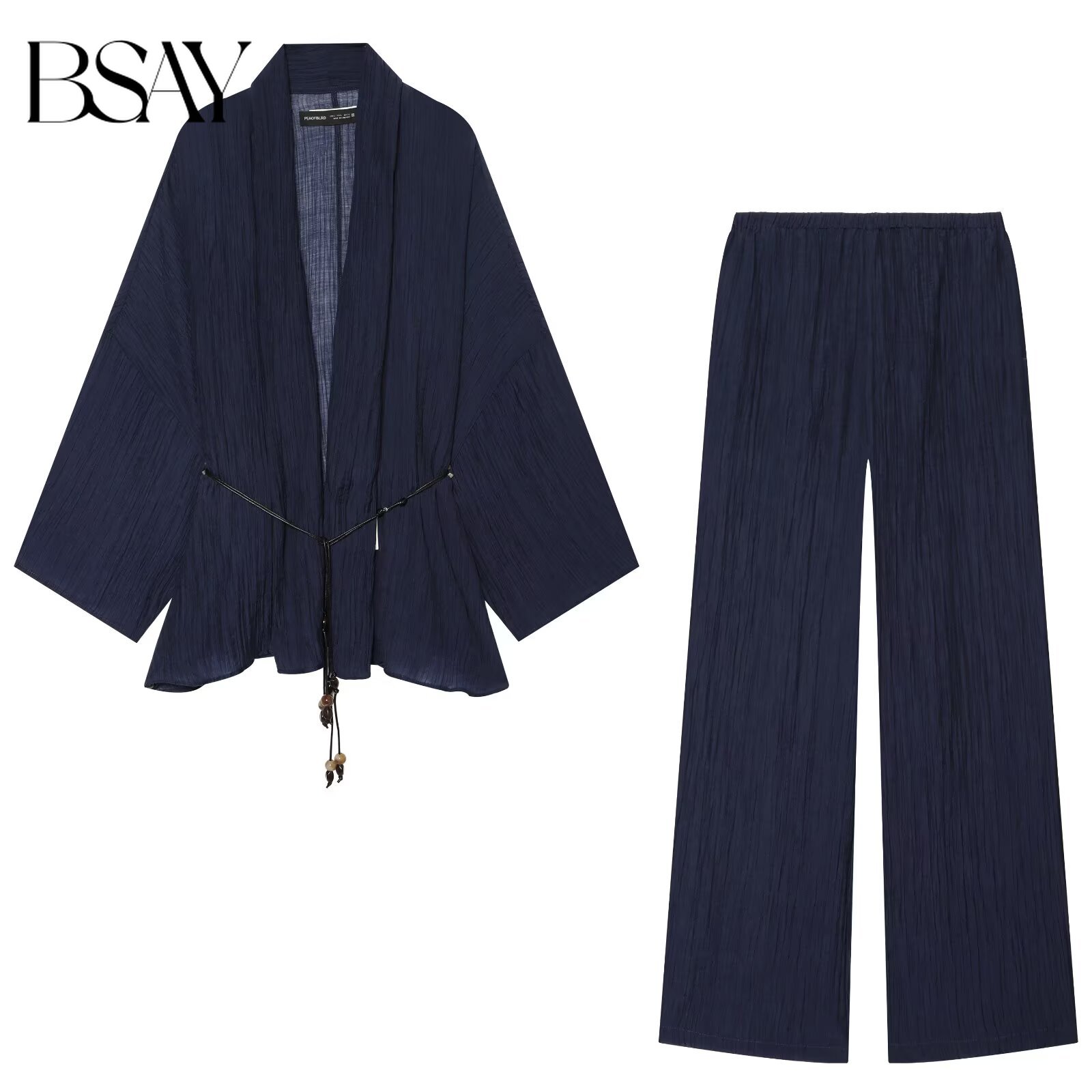 Ethnic Fashion Collection - BSAY 2026新作夏物 中国風ネイビーブルー クリンクル加工 オープンフロントトップ ワイドレッグパンツセット