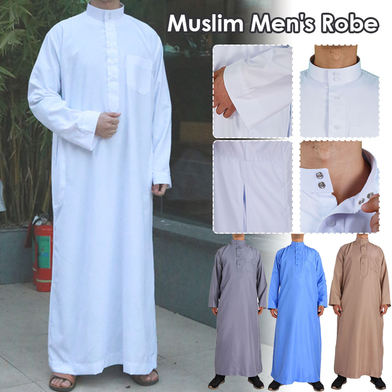 Ethnic Gown - ドレス-男性のためのイスラム教徒のドレス,アラビアのドレス,長袖,レトロ,無地,ルーズ,ドバイ,アラブ,カフタン,シャツ
