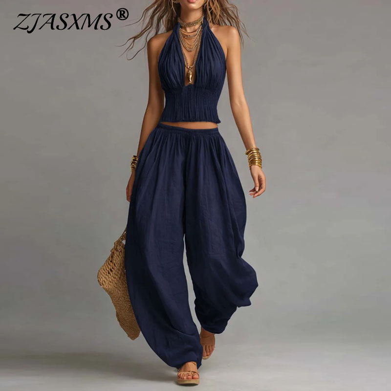 Ethnic Fashion Collection - 2026年新作ボヘミアンシックツーピースセット セクシーなホルターネックトップ＆伸縮性ウエストルーズパンツスーツ サマーホリデーアウトフィット レディース