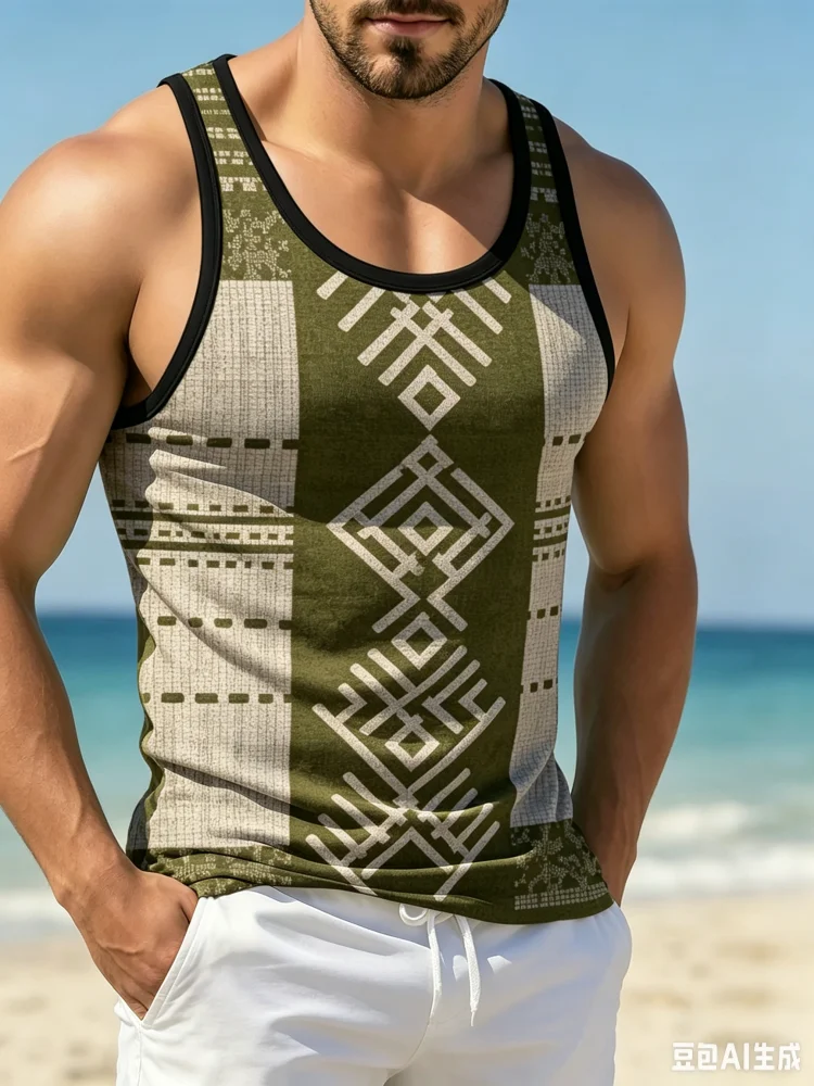 Men'S Ethnic Fashion Trends - ヴィンテージエスニック幾何学模様トライバルスプライシングメンズタンクトップサマービーチスタイル通気性ノースリーブベストトレンドストリートスタイルベスト