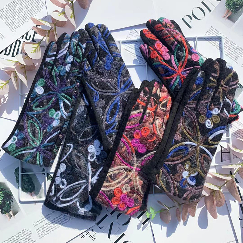 Winter Ethnic Fashion For Women - スエード女性冬保温タッチスクリーン手袋ファッション個性追加ベルベット肥厚エスニックレトロウールニット花
