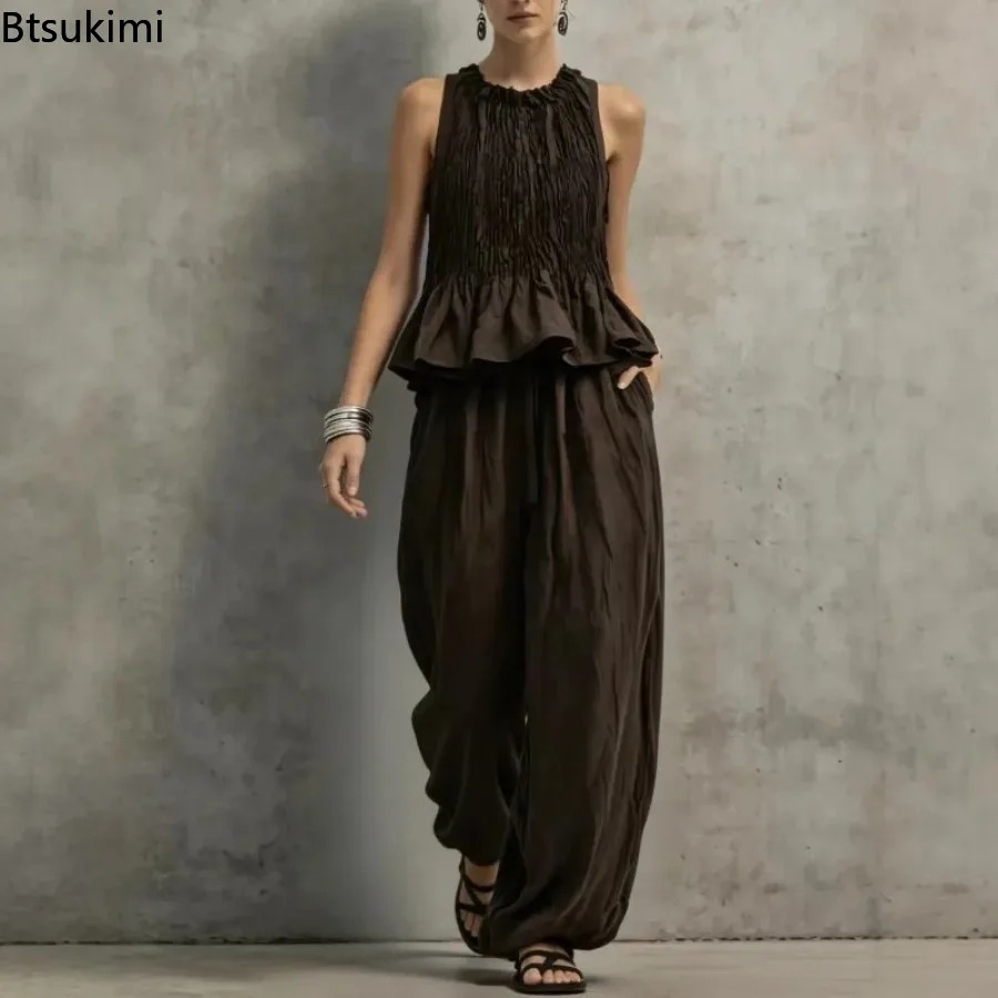 Ethnic Fashion Collection - シンプルなフリル裾ノースリーブトップ＆ハイウエストワイドレッグパンツセット 2ピース カジュアルコーデ レディース ヴィンテージフレンチスタイル バケーションセット