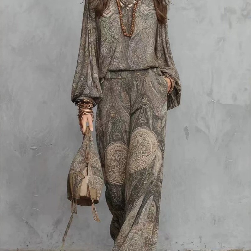 Ethnic Fashion Collection - ボヘミアンペイズリー柄ツーピースセット レディース セクシーVネック長袖ブラウストップス ワイドレッグパンツ 夏 カジュアル