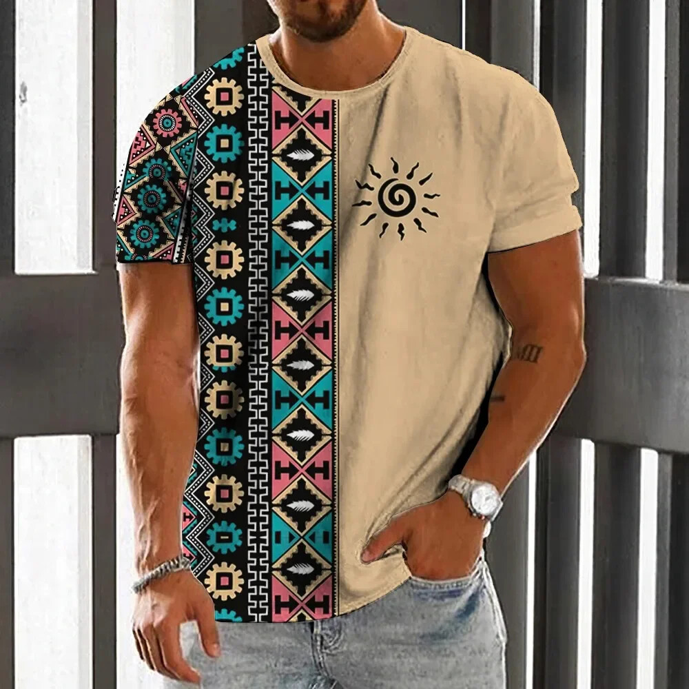 Men'S Ethnic Fashion Trends - ヴィンテージエスニックスタイルメンズ Tシャツ夏のファッション 3D プリントメンズ半袖カジュアルルーズトップスストリートトレンド紳士服