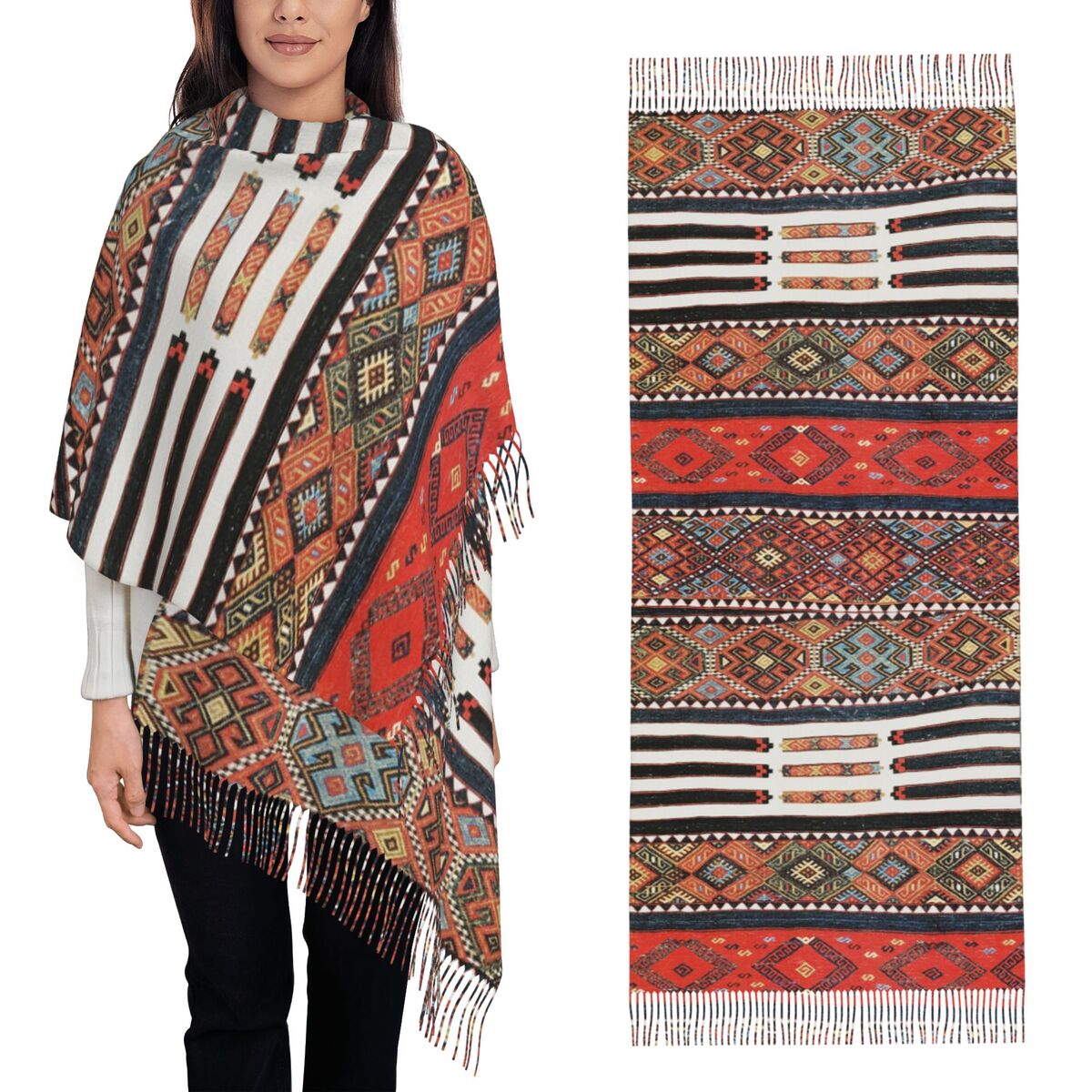 Winter Ethnic Fashion For Women - クルド人、トルコ人、キリム、ボヘミアン、ペルシャ、部族、民族芸術、スカーフ、タッセル付きスカーフ、女性用、柔らかく暖かいショールとラップ、ロングショールラップ