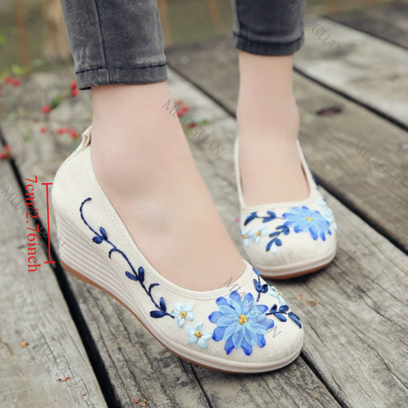Ethnic Fashion In - 刺繍入り女性用コンフォートウェッジプラットフォームシューズ、ファッションボウノットレディースハイヒールパンプス、ヴィンテージエスニック女性用ヒール付きフットウェア