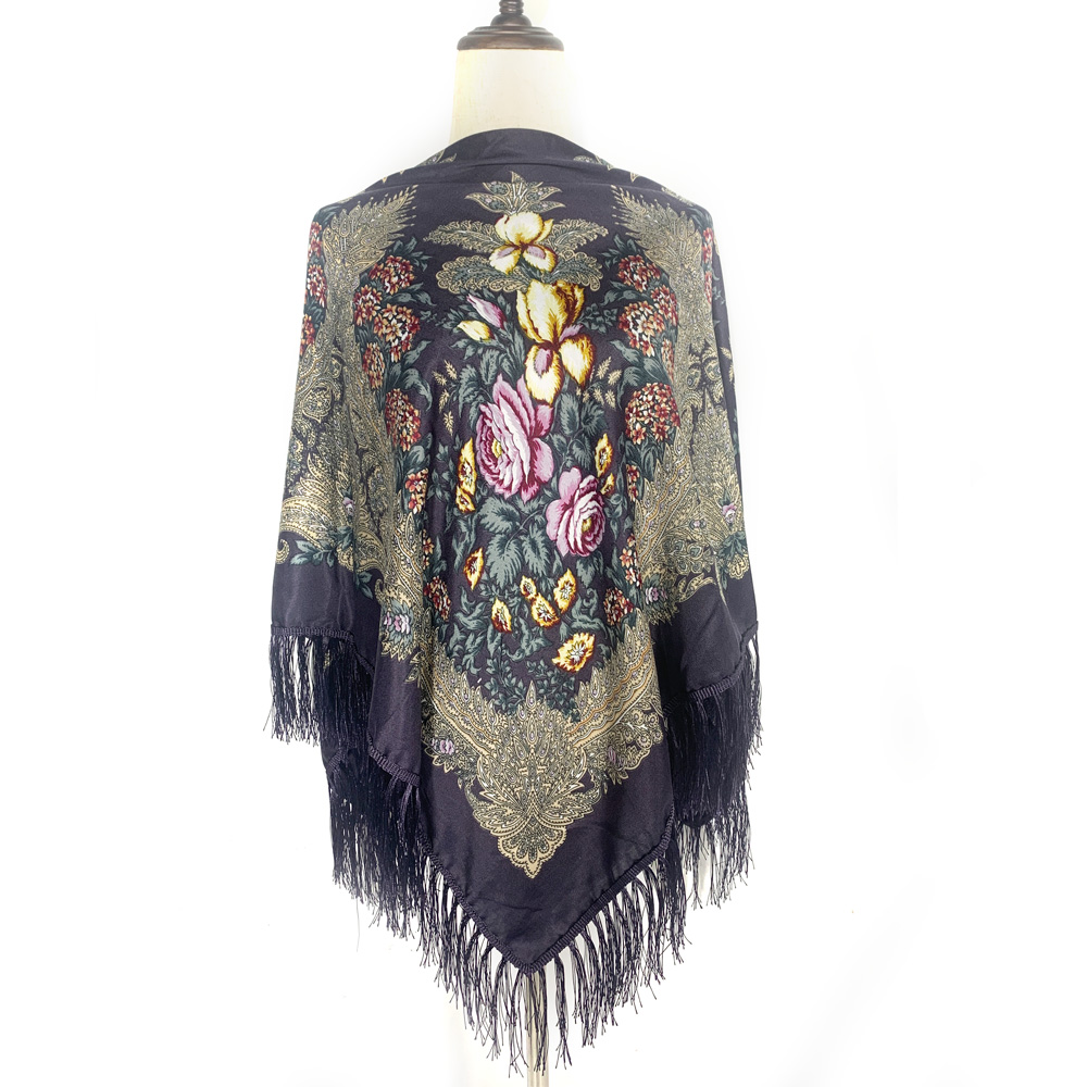 Winter Ethnic Fashion For Women - 130*130 センチメートルエスニックスタイルロシア正方形スカーフ高級女性花柄ウクライナフリンジショールバーブシュカバンダナヘッドラップ