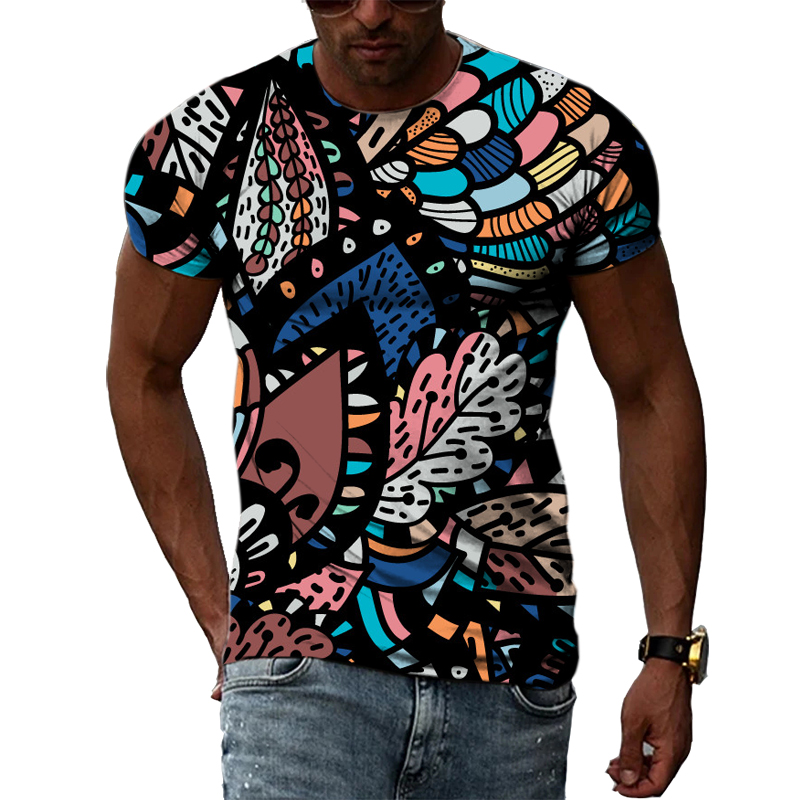 Men'S Ethnic Fashion Trends - 男性用半袖Tシャツ,ユーモラスでカラフルなエスニックパターン,原宿スタイル,さまざまな色