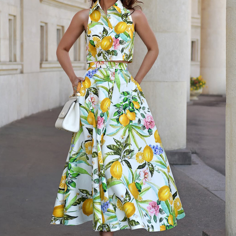 Ethnic Fashion Collection - 女性のファッションボヘミアンスリムパーティースーツ夏休みプリント衣装ラペルカラーノースリーブトップとロングスカート2点セット