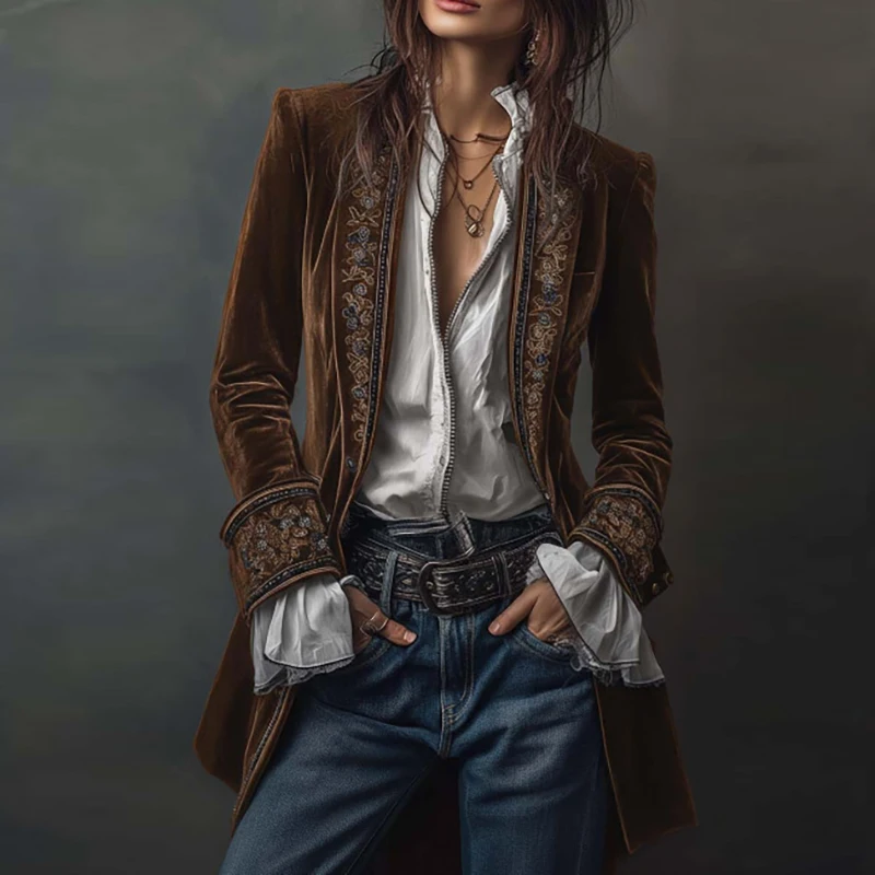エスニックレトロ花柄ベルベット女性ブレザージャケットセクシー - Winter Ethnic Fashion For Women のレビューと価格
