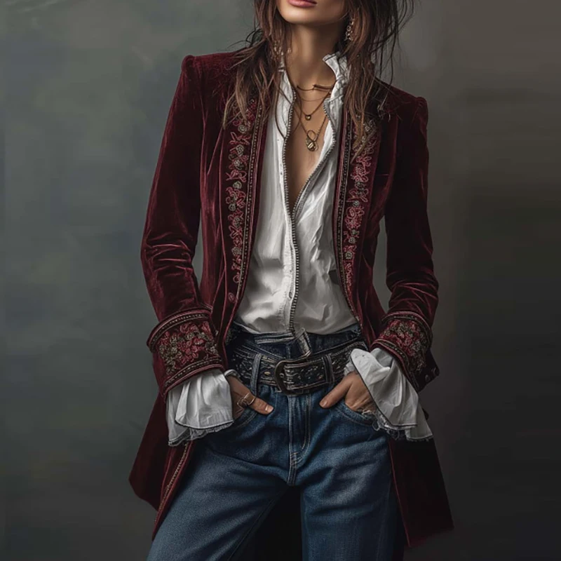 エスニックレトロ花柄ベルベット女性ブレザージャケットセクシー - Winter Ethnic Fashion For Women のレビューと価格