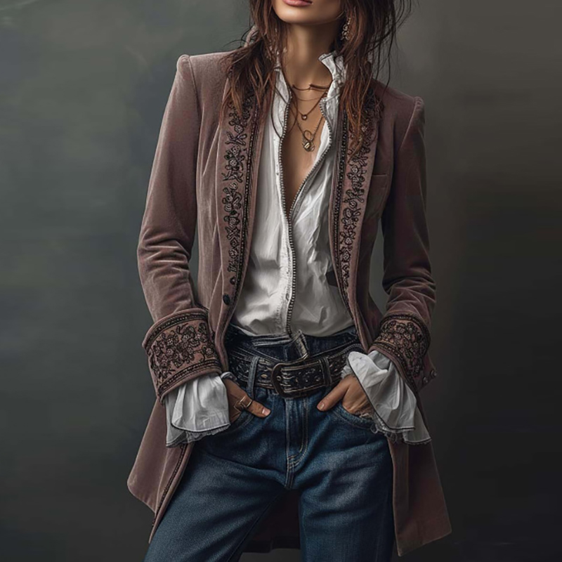 エスニックレトロ花柄ベルベット女性ブレザージャケットセクシー - Winter Ethnic Fashion For Women のレビューと価格