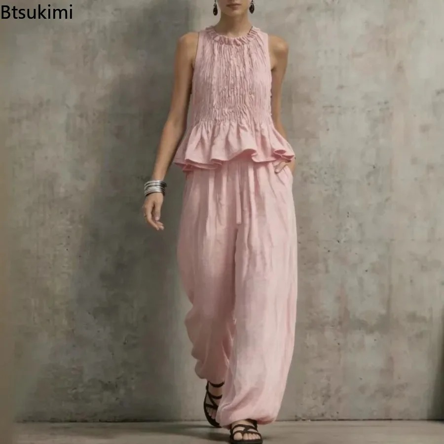 シンプルなフリル裾ノースリーブトップ＆ハイウエストワイドレッ - Ethnic Fashion Collection のレビューと価格