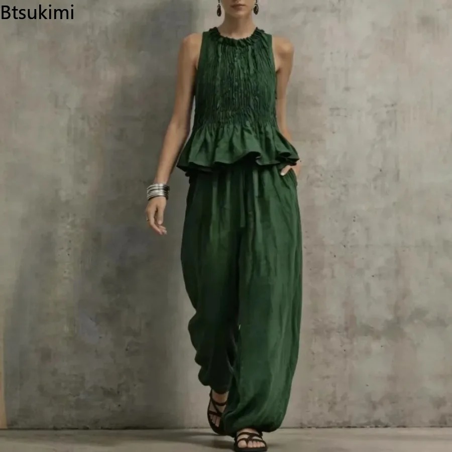 シンプルなフリル裾ノースリーブトップ＆ハイウエストワイドレッ - Ethnic Fashion Collection のレビューと価格