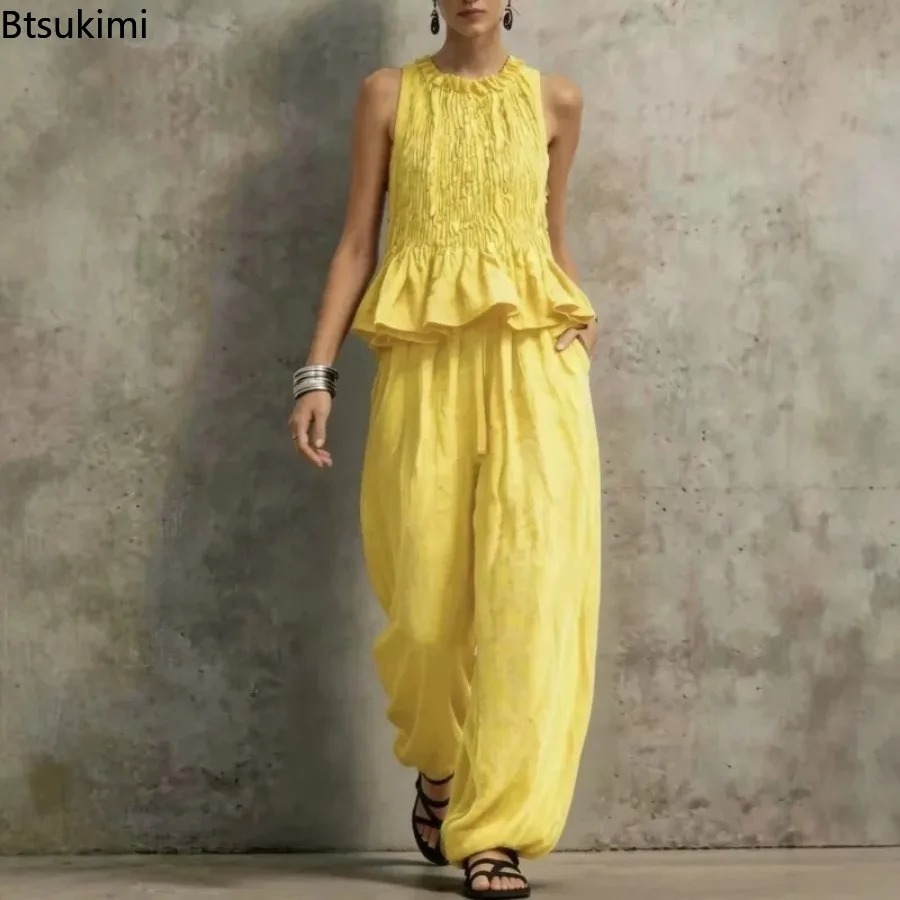 シンプルなフリル裾ノースリーブトップ＆ハイウエストワイドレッ - Ethnic Fashion Collection のレビューと価格