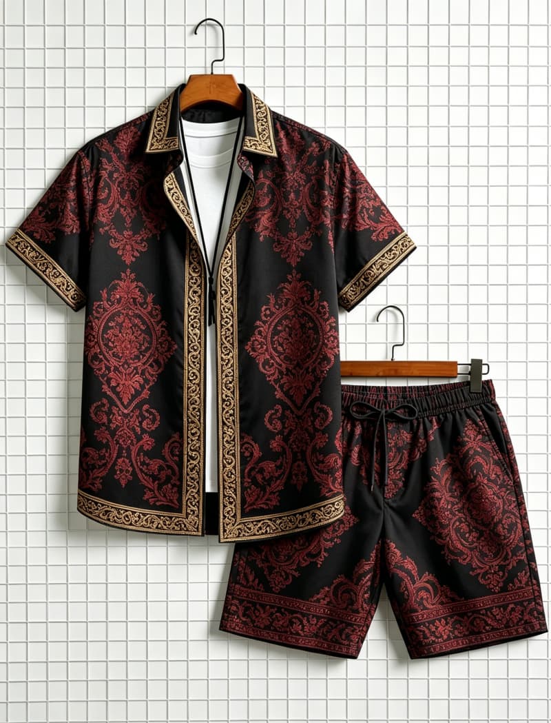 メンズエスニック柄プリント半袖シャツとショートパンツのセット - Ethnic Fashion のレビューと価格